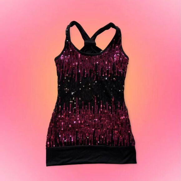 LIPSTICK PINK & BLACK SEQUIN RACERBACK TOP - Picture 1 of 4